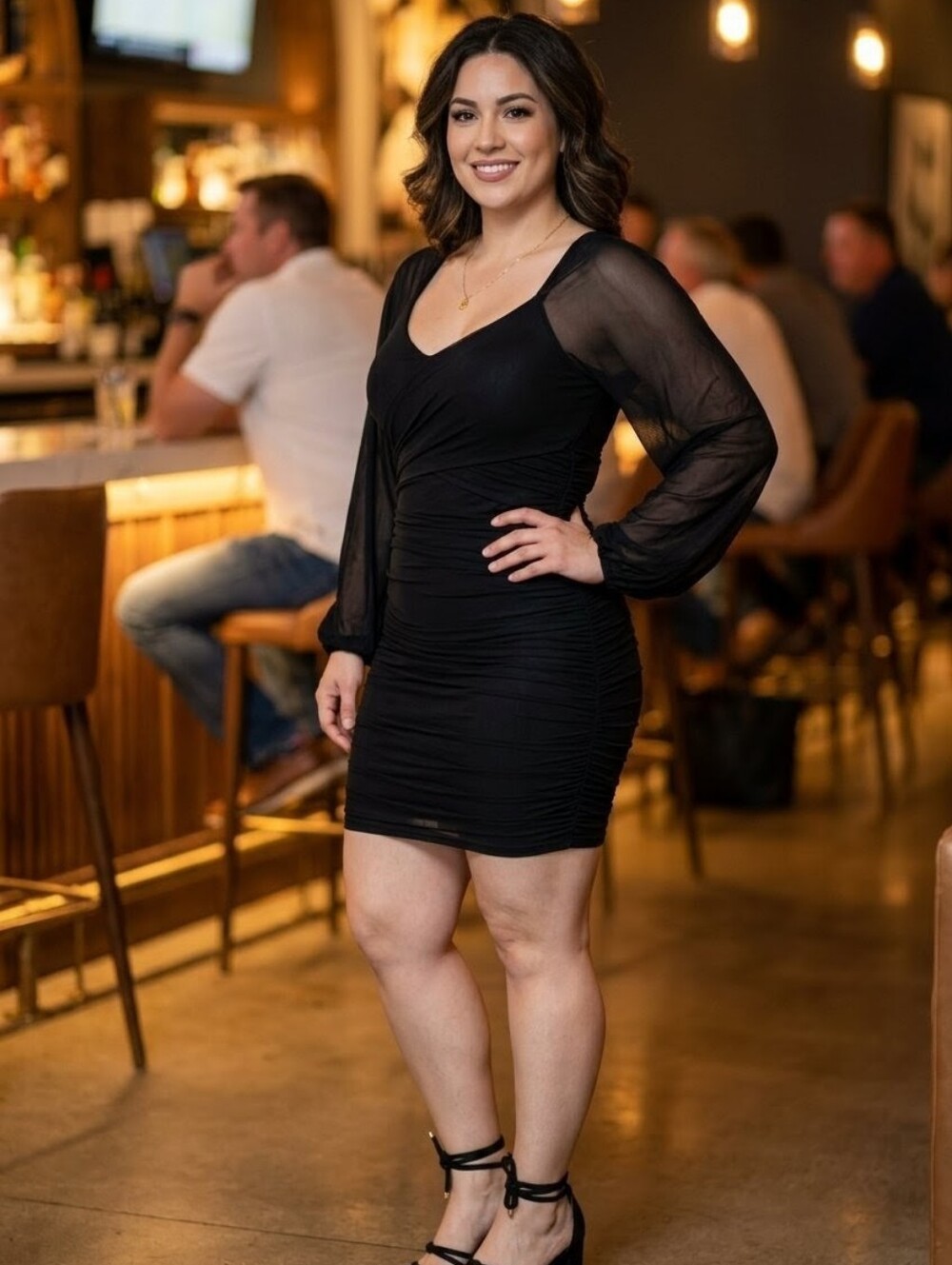 BTFBM Long Sleeve Mesh Ruched Cocktail Dress Black S